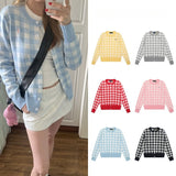 Rl ralph pony classy chess white grids wool sweater knitting round neck cardigan women's sweet socialite casualoutwearfall and winter