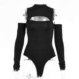 Women Jumpsuit Hollow out Autumn and Winter Turtleneck Long Sleeve Backless off-Shoulder Top