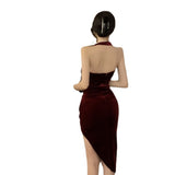 Women Maxi Dress Autumn Winter Retro Velvet Backless Dress
