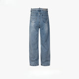 MIJKO Men Vintage Pants MIJKO Loose Wide-footed Blue Trousers Straight Jeans with Belt
