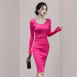 Women Maxi Dress Autumn and Winter round Neck Long Sleeve Slim Fit Hip Knitwear Dress