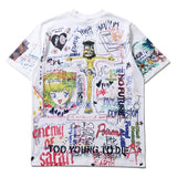 Hip-hop t-shirts: american graffiti cartoon hand-painted creative all-over print illustration short-sleeve summer loose fit hip-hop tee