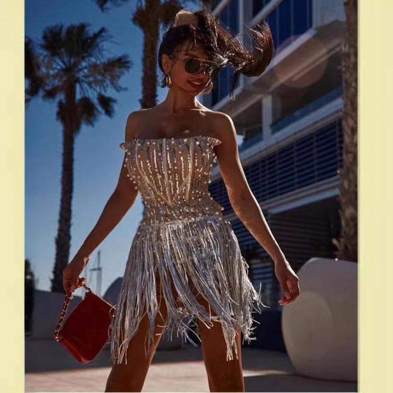Women Dresses Dress Skirt Beaded Sequins Tassel Sexy Dress (Ont0408)