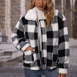 Women Trench Coat Lapel Long Sleeve Loose Zip Plaid Double-Sided Velvet Casual Jacket
