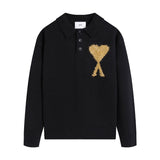 Ami araunriflove polo collar lapel wool sweater long sleeves couple fall and winterembroiderknitting shirt