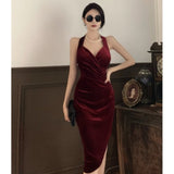 Women Maxi Dress Autumn Winter Retro Velvet Backless Dress