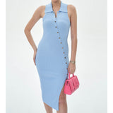 Women Dresses Summer Lapel Breasted Split Dress Sexy Midi Dress (Xds0414)