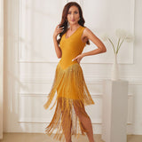 Women Evening Dress Tassel Dress V-neck Prom Evening Gown
