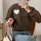 Women Knitted Pullover Love Embroidered Crew Neck Sweater Autumn and Winter Loose Long Sleeve Pullover Sweater