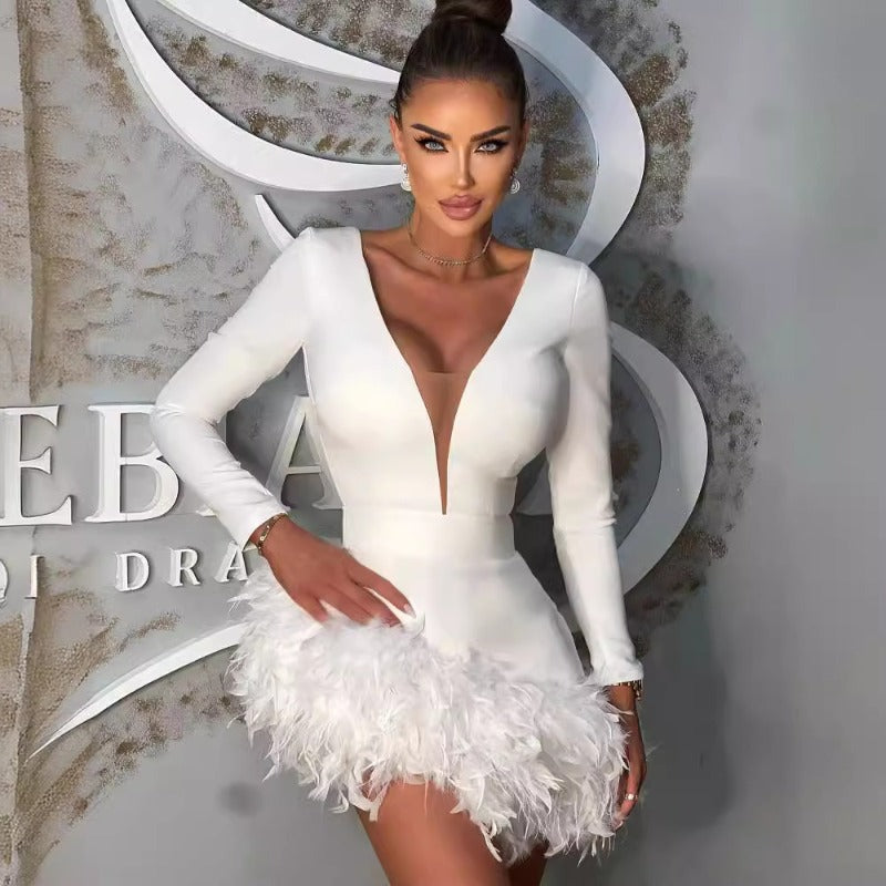Women Dresses Long Sleeve Feather Ultra Short Dress Party Skirt (Ont0408)