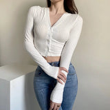 Women Sweater Knitwear Backless T-shirt Women's Summer V-neck Double-Breasted Short Midriff Outfit Bottoming Shirt