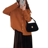 Women Knitted Cardigan Smiling Face Embroidery Crew Neck Sweater Cardigan Knitted Coat