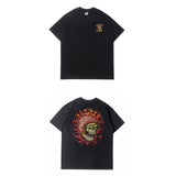 Hip-hop t-shirts: american high street style, short sleeve, biker-inspired flame skull print, crew neck tee