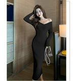 Women Maxi Dress Autumn Winter Sexy Long Sleeve Slim Knit Long Dress