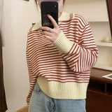 Women Knitted Pullover Autumn Loose Lapels Striped Top Long Sleeve Sweater