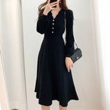 Women Maxi Dress Autumn and Winter Single-Breasted V-neck Knitted Dress