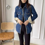 Women Jacket Autumn and Winter Loose Vintage Fleece-Lined Denim Shirt