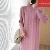 Women Maxi Dress Autumn Winter Retro Turtleneck Knitting Dress