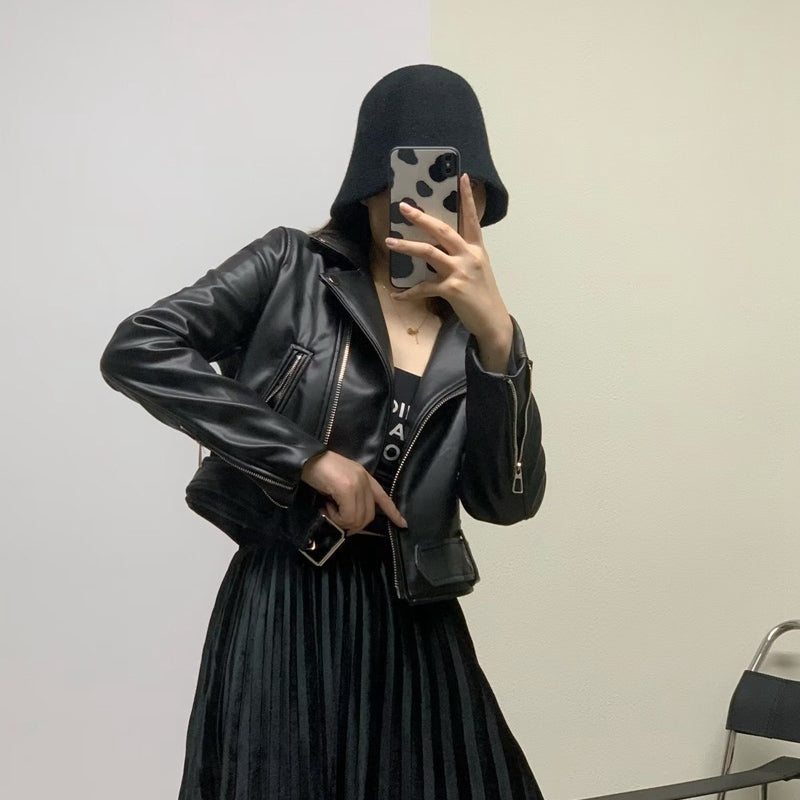 Women Leather Jacket Autumn Zipper Black PU Leather Long Sleeve Jacket Motorcycle Jacket