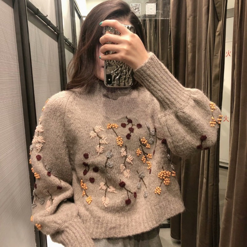 Women Sweater Knit Wear Beaded Embroidered Decorative Puff Sleeve Sweater Sweater