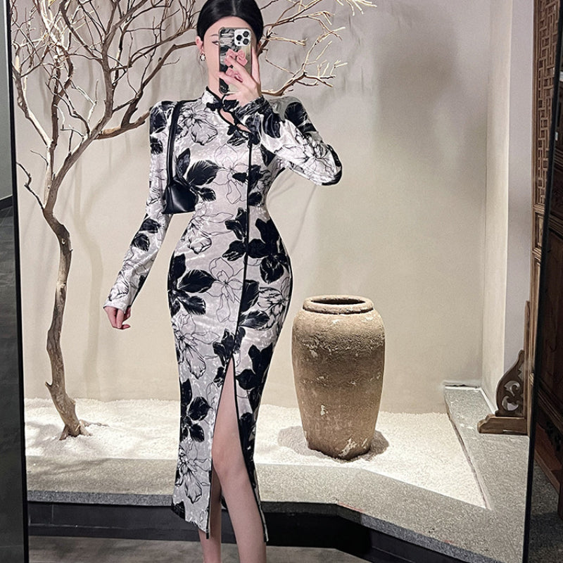 Women Maxi Dress Autumn Winter Retro Velvet Sheath Long Sleeve Cheongsam Dress