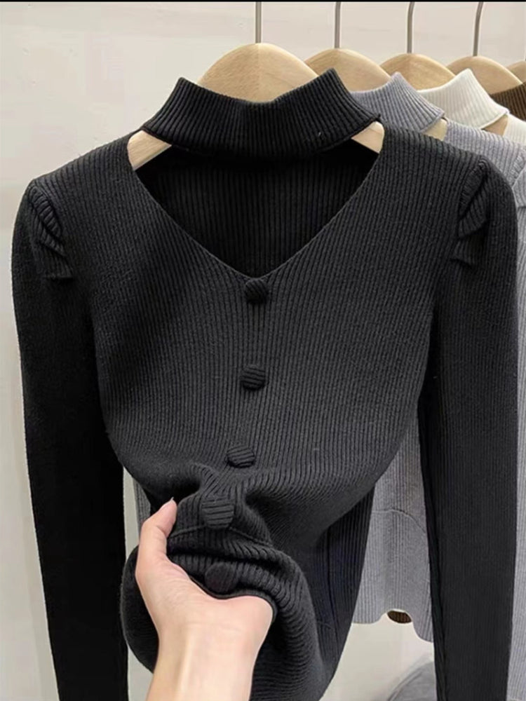 Women Knitwear Autumn and Winter Hollow-out Halter Sweater Slim Knit Bottoming Shirt