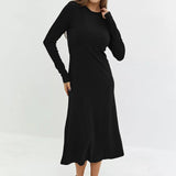 Women Dress Black Knitted Dress round Neck Long Sleeve Bottoming Skirt