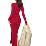 Women Maxi Dress Spring, Autumn and Winter V-neck off-Shoulder Slim Fit Hip Knitwear Dress