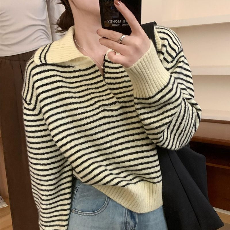Women Knitted Pullover Autumn Loose Lapels Striped Top Long Sleeve Sweater