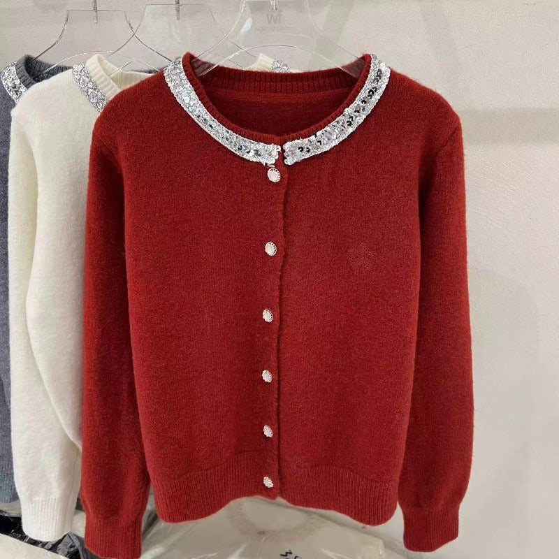 Women Knitted Cardigan Autumn and Winter Sequined Embroidered Knitted Cardigan Single-Breasted round Neck Sweater