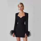 Women Dresses Autumn and Winter Long Sleeve Feather Cuffs Bandage Dress Elegant Dress Party Dress Skirt (Ont0408)