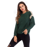 Women Knitted Sweater Casual Top Autumn Crew Neck Long Sleeve Color Matching Sweater