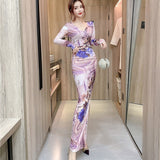 Women Maxi Dress Autumn Winter Sexy Printed Slim Fit Long Sleeve Narrow Dress