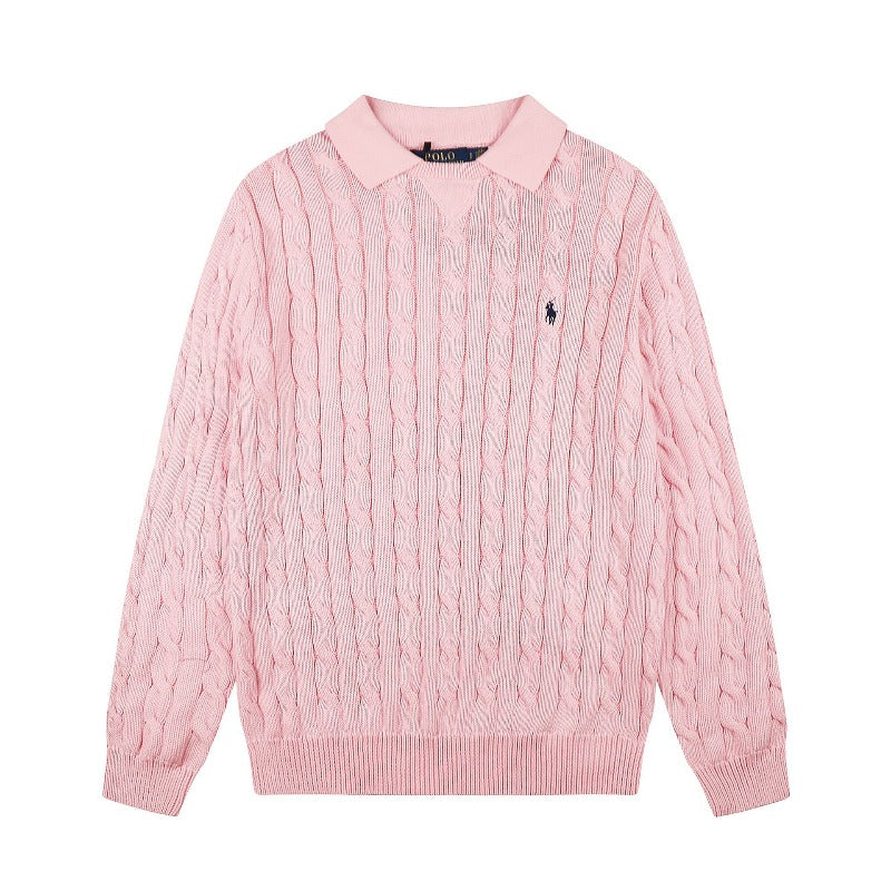 Rl ralph lauren pony warm women's autumn/winter cable knit polo collar sweater - wool blend, couple's casual loose knit top