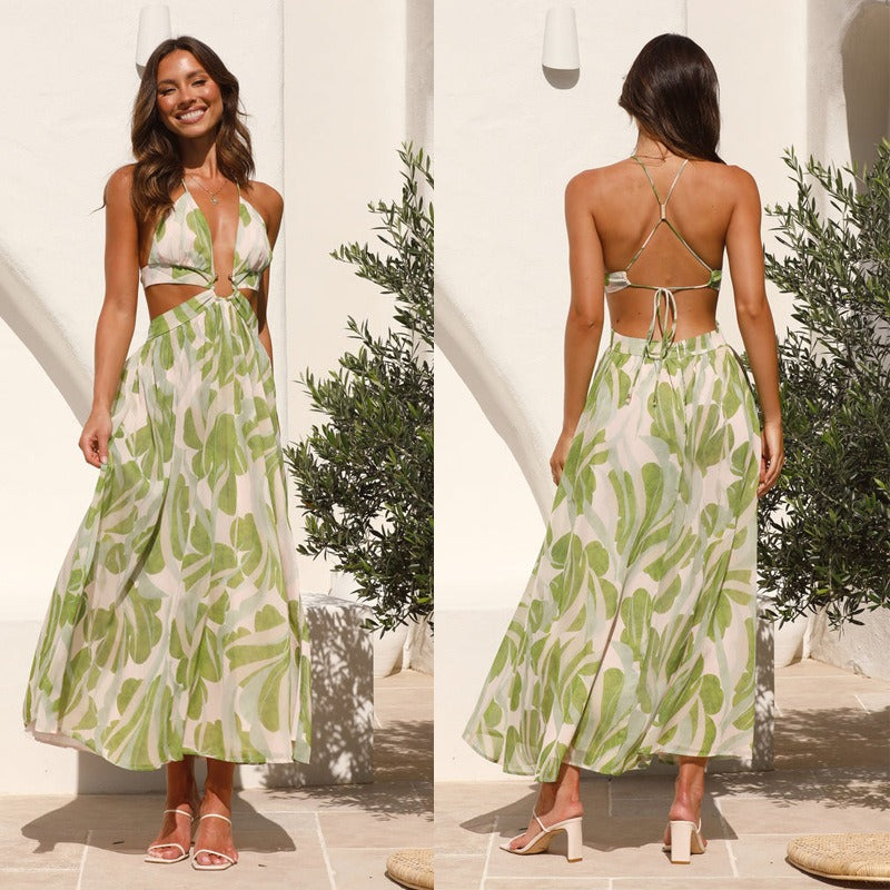 Women Dresses Summer V-neck Backless Lace-up Long Dress (Jkw0408)