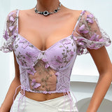 Women Party Tops Halter Perspective Butterfly Embroidered Suspender Mesh Vest