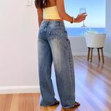 Women's vintage washed heart-pocket wide-leg jeans - trendy, loose-fit, hot girl style denim pants for women (cross-border e-commerce)