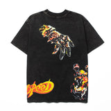 Hip-hop t-shirts: american high street hip-hop flame skull print short sleeve vintage distressed loose fit tee