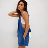 Women's pants: cross-border summer amazon fashion pocket suspender adjustable tie-up loose denim jumpsuit