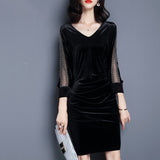 Women Maxi Dress Autumn Winter Retro Velvet V-neck Sheath Dress