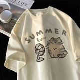 2024 Summer Fan Cat and Women Pure Cotton T-Shirt