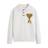 Ami araunriflove polo collar lapel wool sweater long sleeves couple fall and winterembroiderknitting shirt