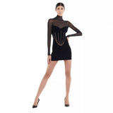 Women Dresses Bandage Dress Mesh Long Sleeve Turtleneck Tight Dress (Ont0408)