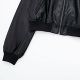 Women Leather Jacket Autumn Vintage Zipper O-neck Short Leather Coat