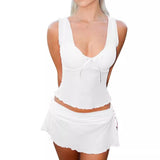 Women Tops Summer Two-Piece Bow Decoration Vest Mini Mid-Length Dress Set