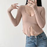Women Sweater Knitwear V-neck Thin Bottoming Shirt Fall Sexy Long Sleeve T-shirt