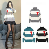 Ami striped color block heart jacquard versatile wool knit sweater long sleeve top turtleneck autumn winter warm