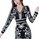 Women Maxi Dress Autumn Winter Sexy Long Sleeve V-neck Hip Knitted Dress