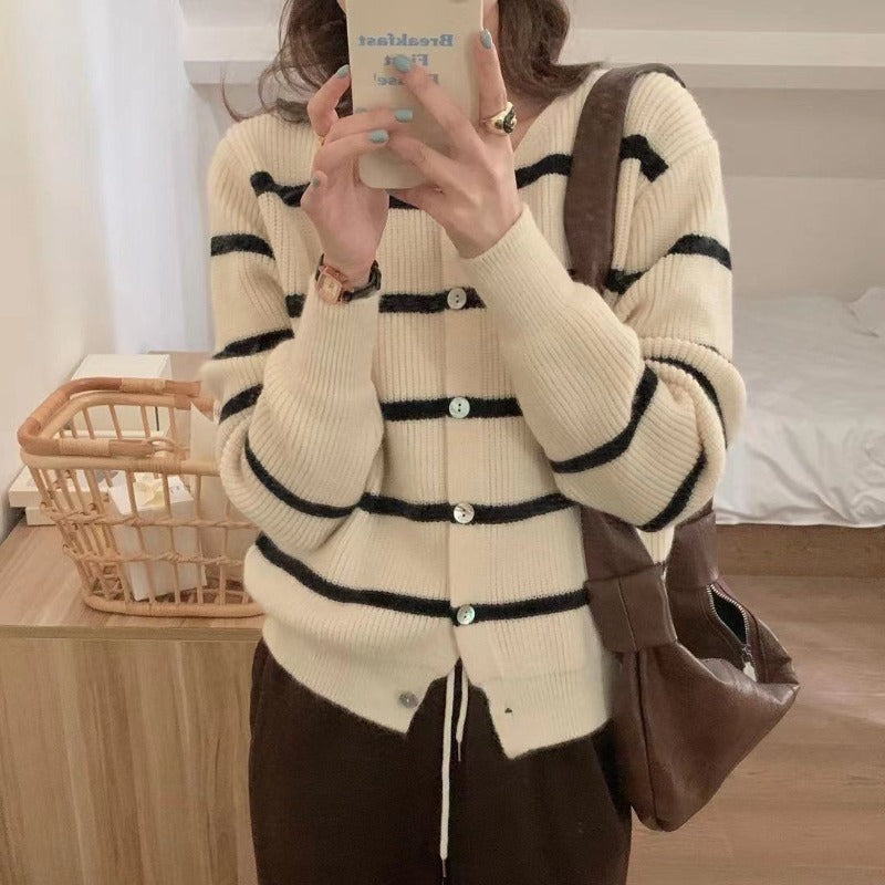 Women Knitwear Autumn and Winter New Striped round Neck Sweaters Cardigan