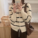 Women Knitwear Autumn and Winter New Striped round Neck Sweaters Cardigan